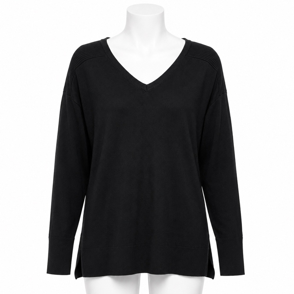 H by Halston V-Neck Sweater Women XS Black Ribbed Shoulder High Low Hem‎ Tunic